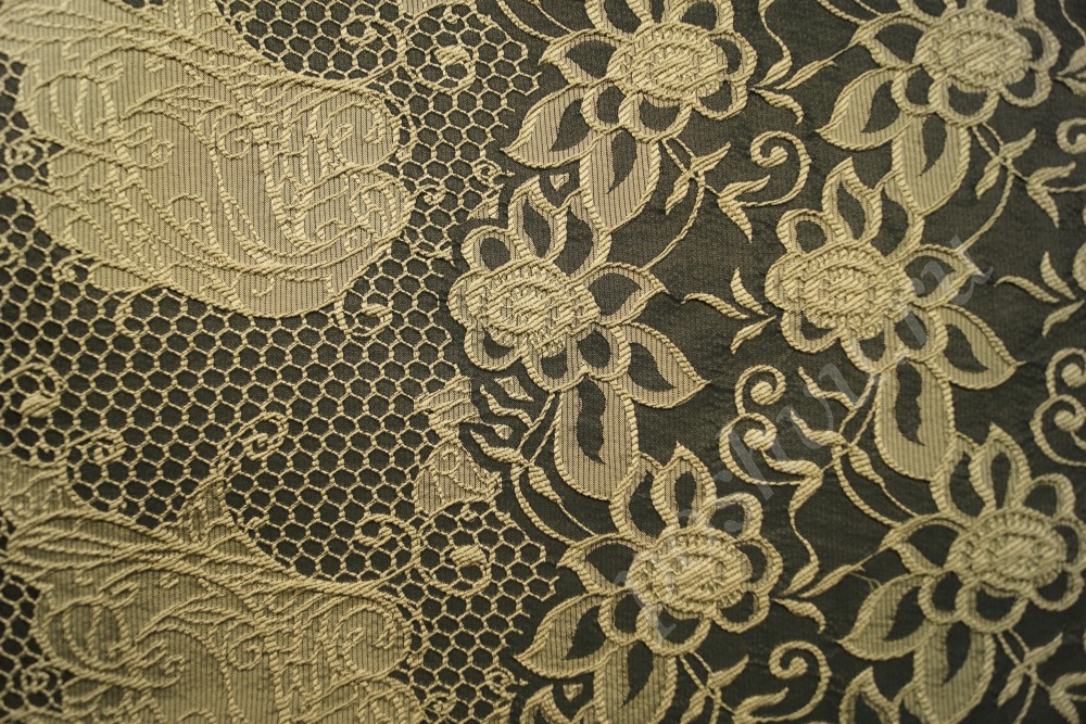 Нарядная ткань оливковый жаккард с золотой вышивкой цветы