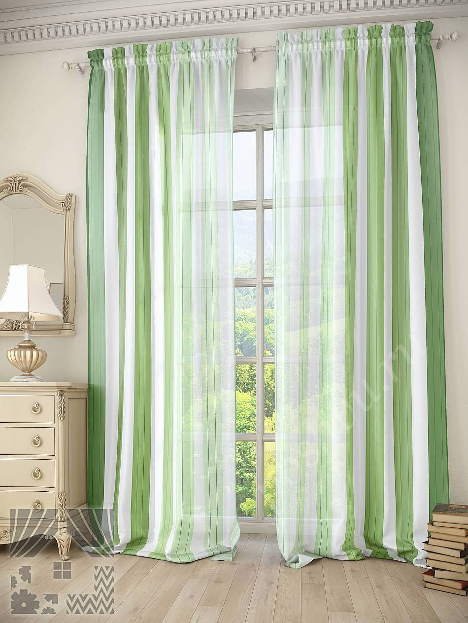 Тюль в вертикальную полоску зеленого цвета разной насыщенности для гостиной или спальни