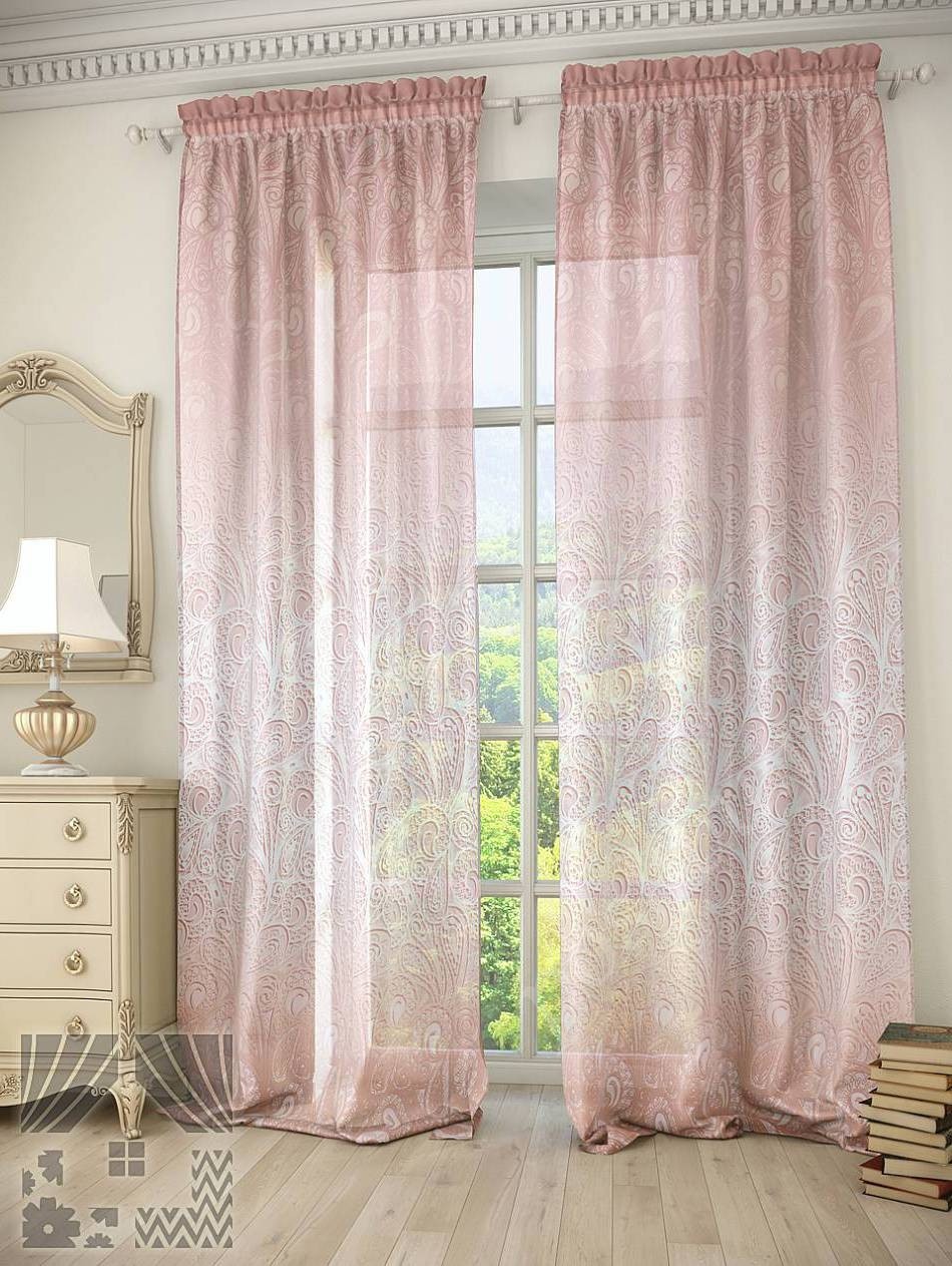 Великолепный тюль в пепельно-розовых тонах с флористическим узором для гостиной или спальни