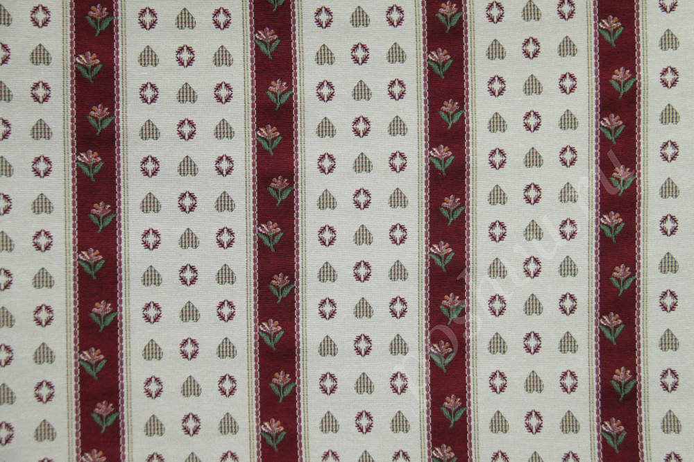 Мебельная ткань гобелен ARMONIA бордовые, бежевые полосы разной ширины с орнаментом