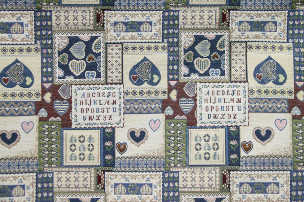Мебельная ткань гобелен ARMONIA орнамент из клеток с буквами в голубых тонах