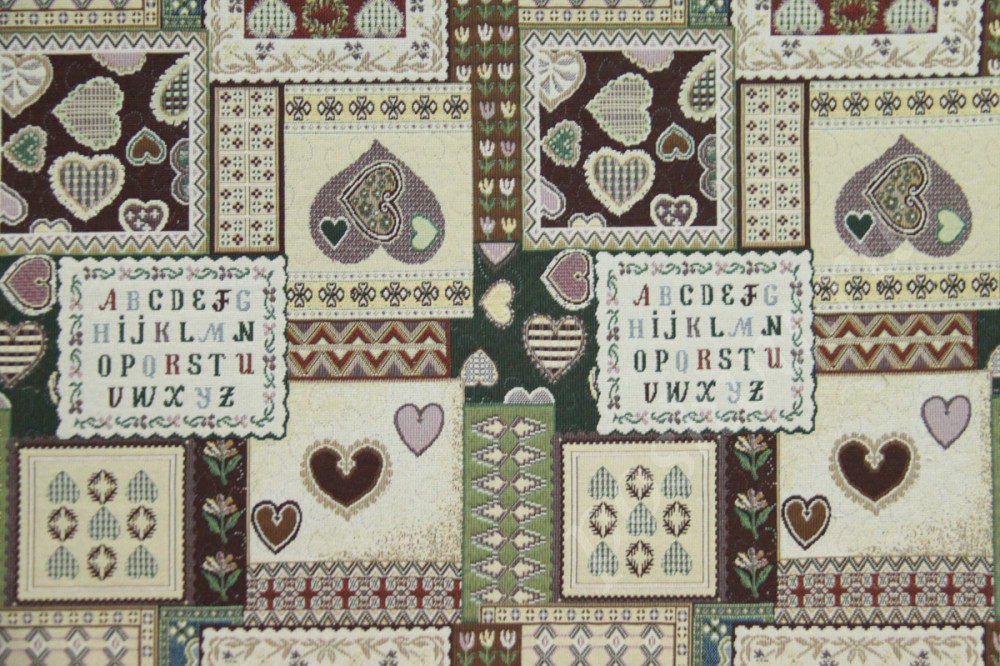 Мебельная ткань гобелен ARMONIA орнамент из клеток с буквами в зеленоватых х тонах