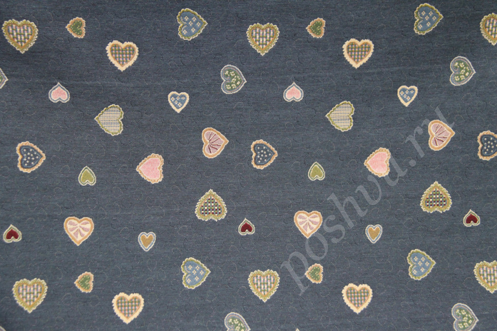 Мебельная ткань гобелен ARMONIA разноцветные сердечки на сером фоне