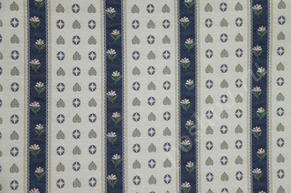 Мебельная ткань гобелен ARMONIA синие, бежевые полосы разной ширины с орнаментом