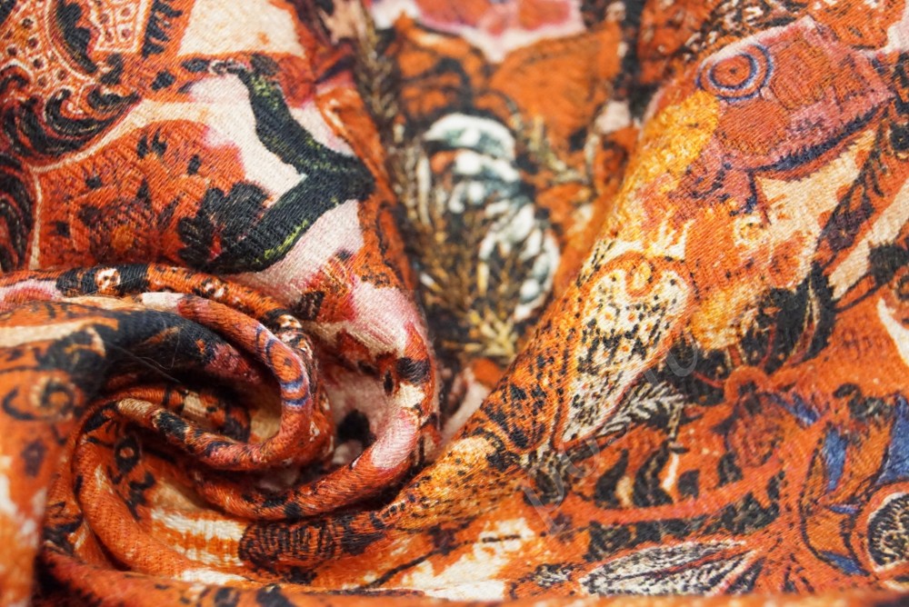 Ткань жаккард в оранжево-коричневом оттенке с цветочным рисунком