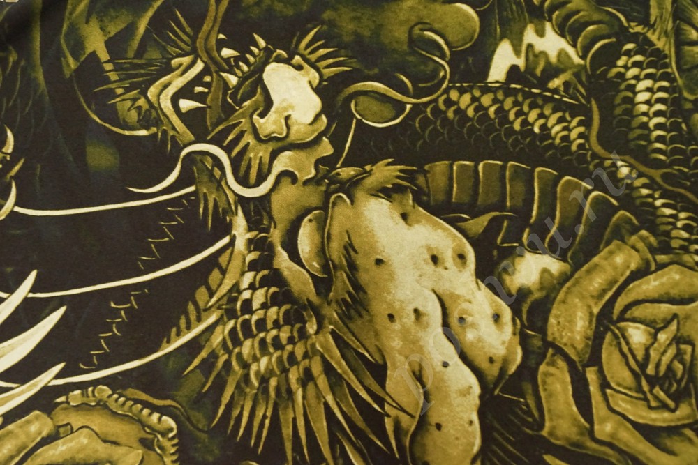 Плательная ткань с рисунком мифической тематики в оливковых оттенках