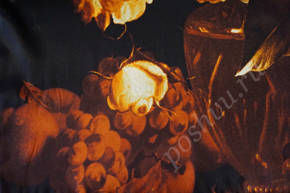 Плательная ткань чёрного цвета с изображением фруктовой композиции