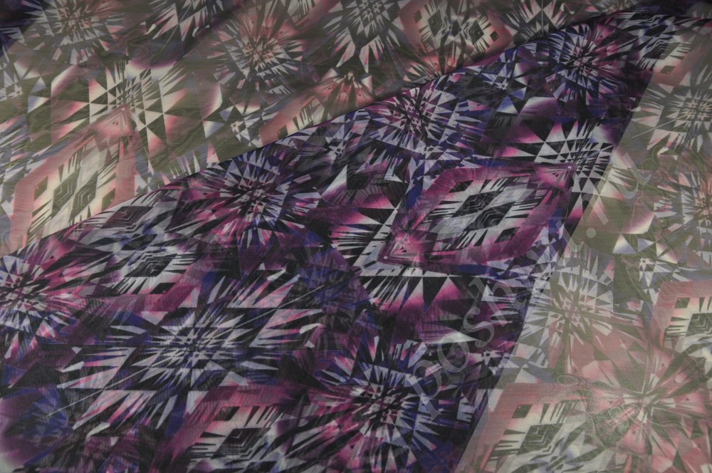 Шифон-сатин с абстрактным принтом фиолетового цвета