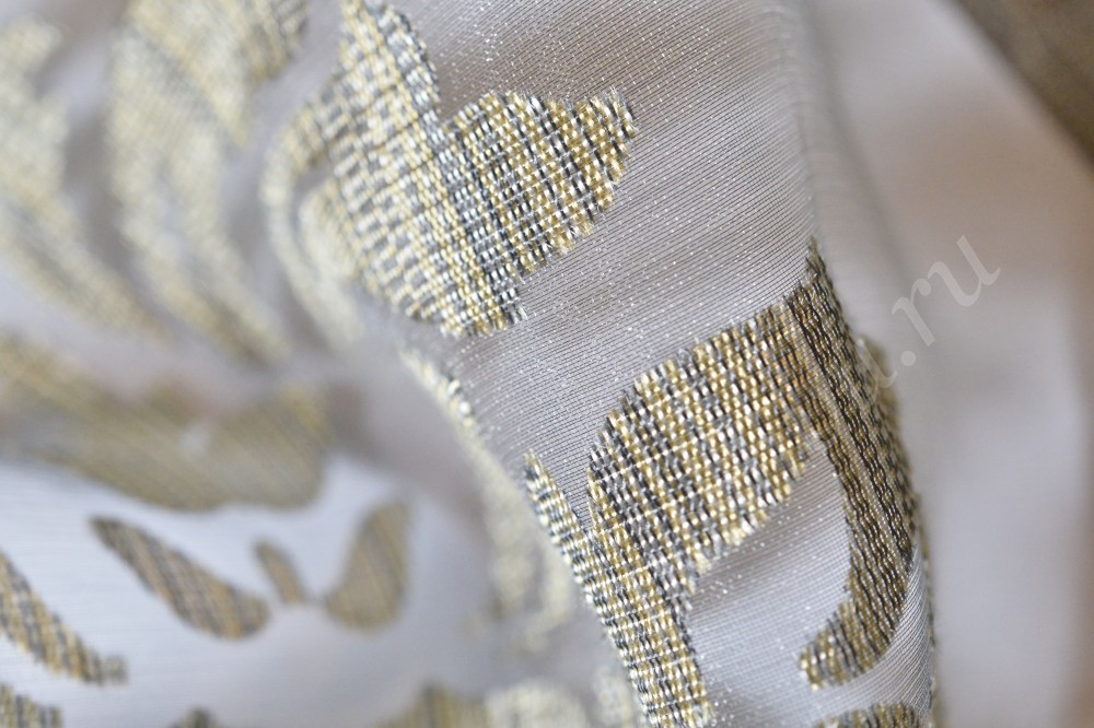 Ткань для штор органза с деворе серебрянного цвета с узором