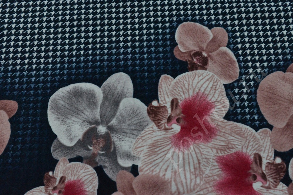 Ткань трикотаж принтованый с узором гусиная лапка и орхидеями