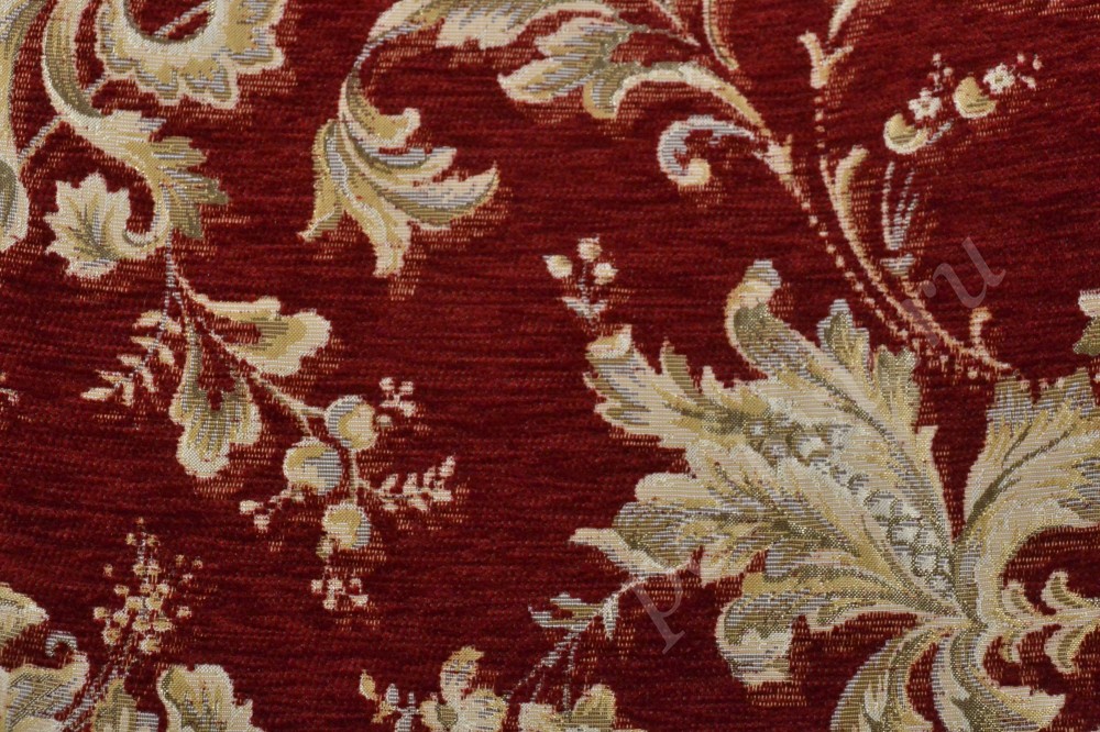 Ткань для мебели шенилл бордового оттенка с листьями