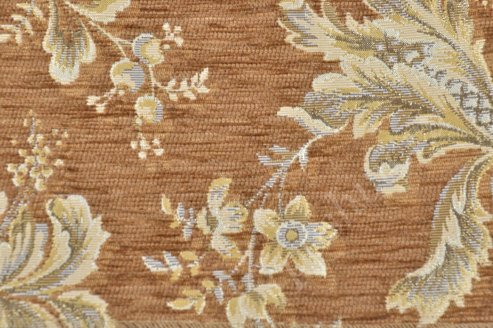 Ткань для мебели шенилл  коричнево-оранжевого  оттенка с цветами