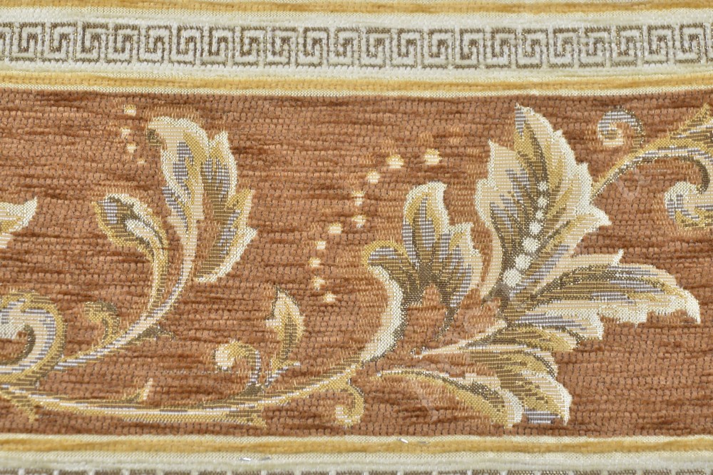 Ткань для мебели шенилл коричневого оттенка с листьями и полоской