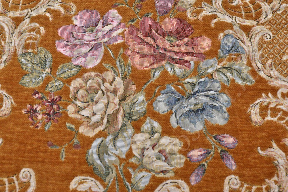 Ткань для мебели шенилл  оранжевого оттенка с орнаментом и цветами