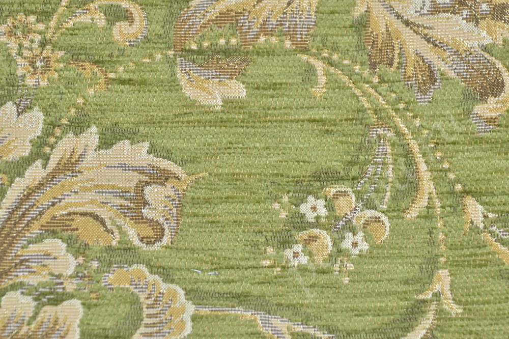 Ткань для мебели шенилл  оттенка хаки с цветочным узором