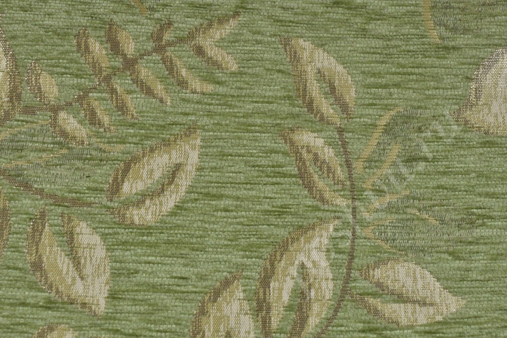 Ткань для мебели шенилл с узором на оливковом фоне