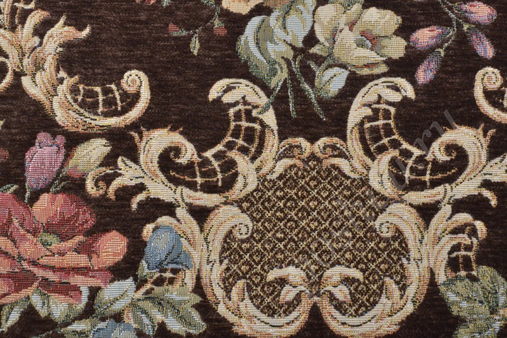 Ткань для мебели шенилл  шоколадного оттенка с орнаментом и цветами