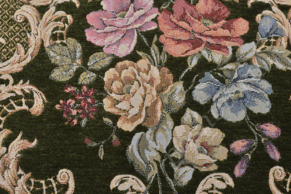 Ткань для мебели шенилл  темно-зеленого оттенка с орнаментом и цветами