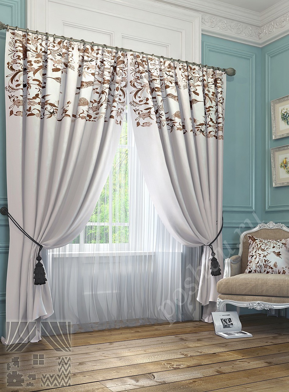 Изящный комплект белоснежных готовых штор с флористическим узором для спальни или гостиной