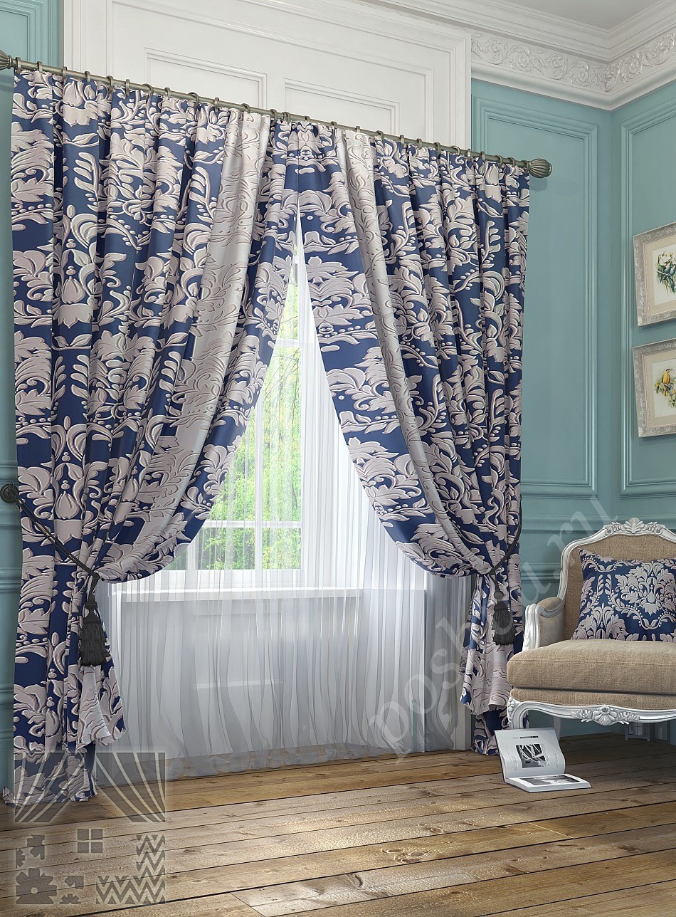 Классический комплект готовых штор в синих тонах с вензелями  и тюлем-компаньоном  для гостиной или спальни