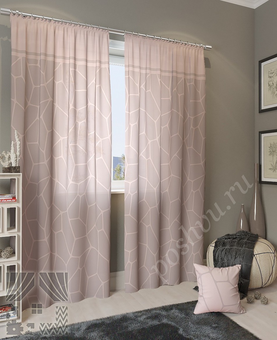 Нежный комплект готовых штор в розово-пепельных тонах с необычным принтом для спальни или гостиной