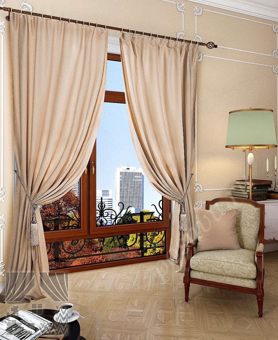 Однотонный комплект фактурных готовых штор бежевого цвета с блеском для гостиной, спальни или кабинета
