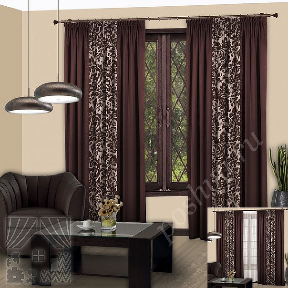 Роскошный комплект готовых штор цвета венге с флористическим узором для гостиной или спальни