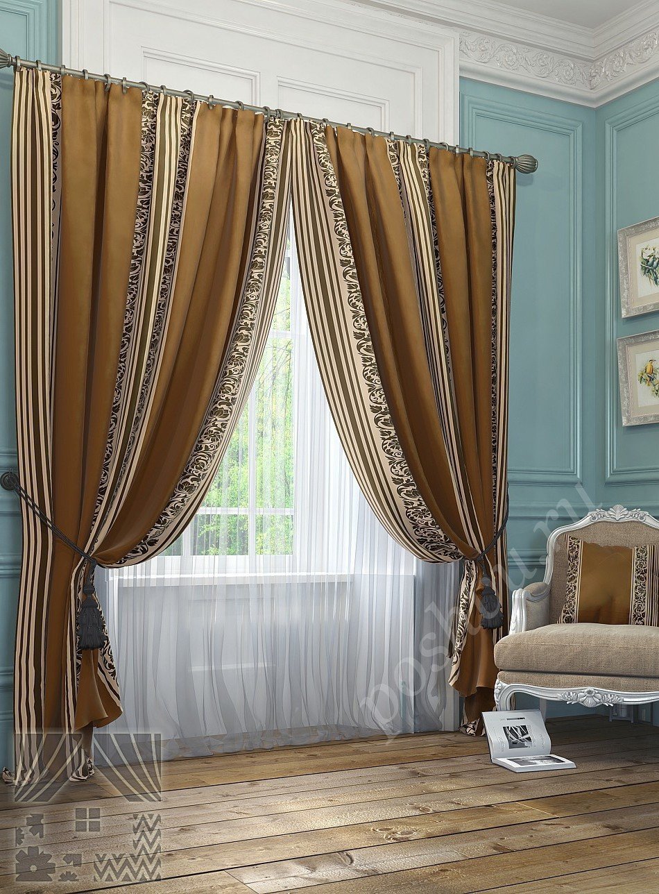 Роскошный комплект готовых штор в бело-коричневых тонах с классическим узором для гостиной или спальни