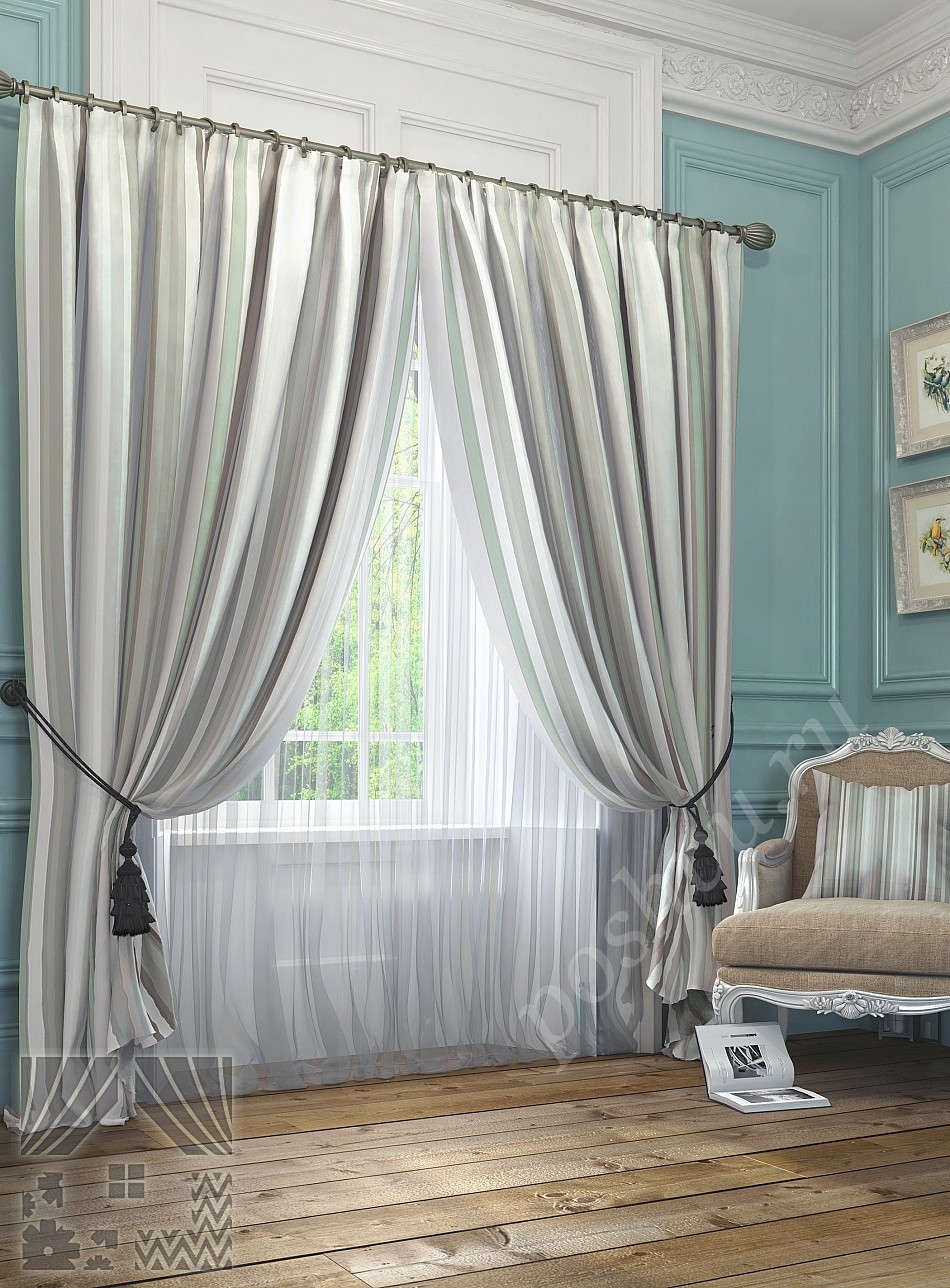 Великолепный комплект готовых штор с вертикальными полосами и тюлем-компаньоном для спальни или гостиной
