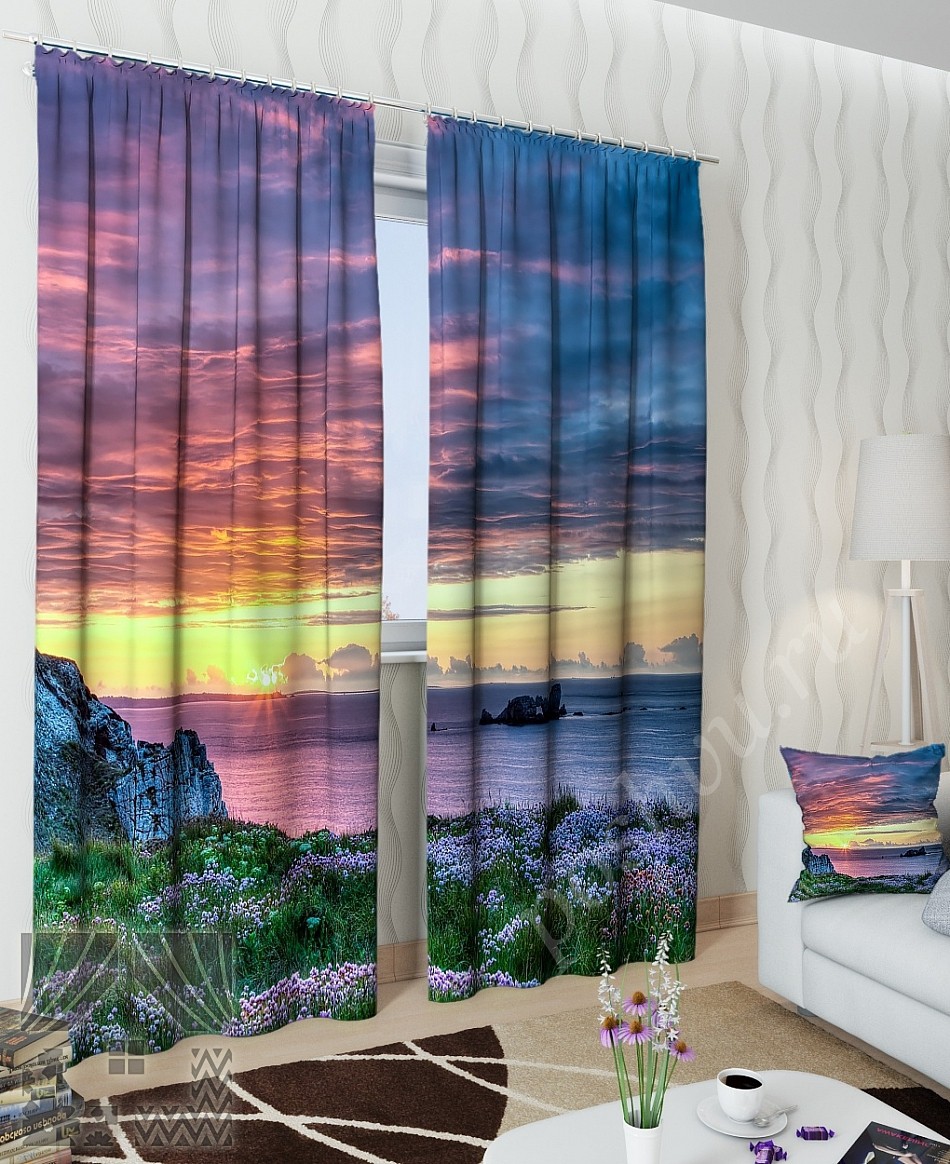 Изумительный комплект готовых фото штор с изображением морского заката для спальни