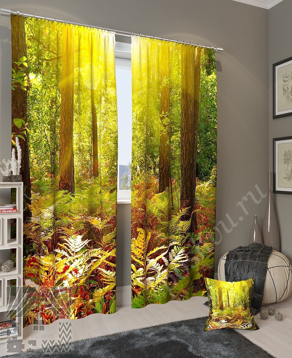 Комплект готовых фото штор с изображением летнего дня в лесу для гостиной