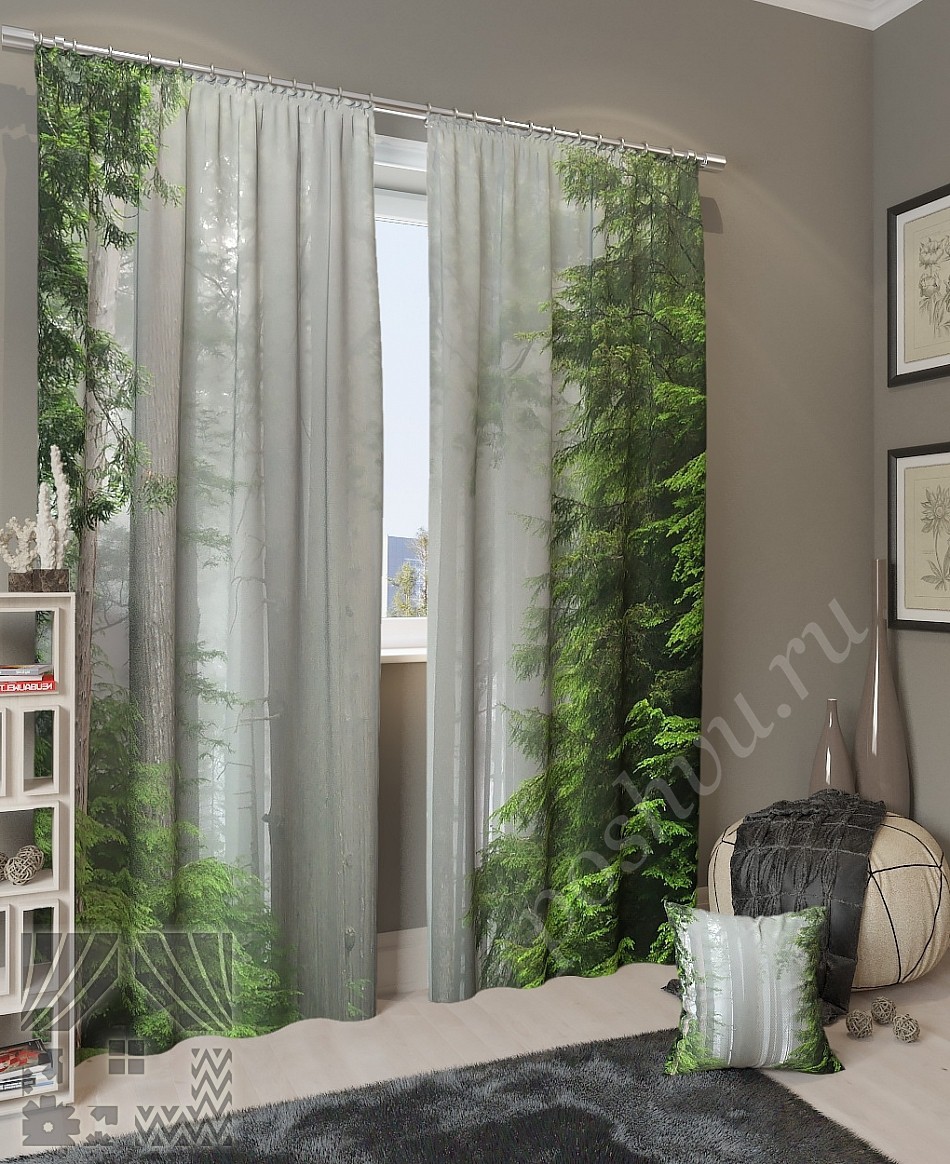 Красивый комплект готовых фото штор с лесным пейзажем для спальни