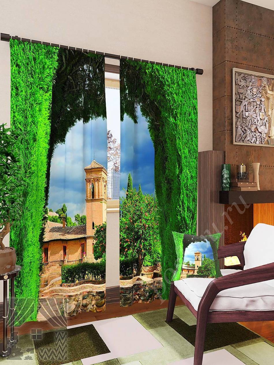 Красивый комплект готовых фото штор с рисунком монастыря для гостиной