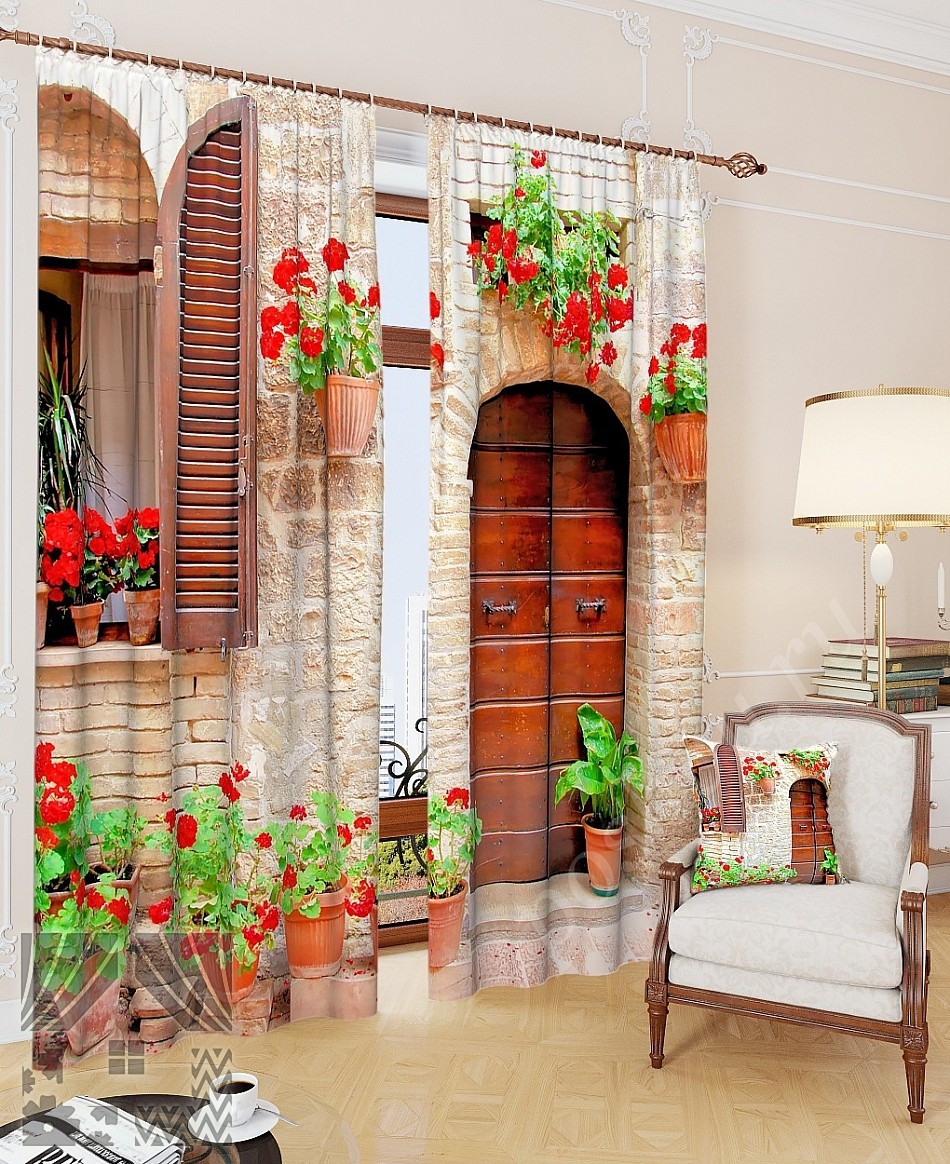 Нарядный комплект готовых фото штор с изображением итальянского дворика для гостиной