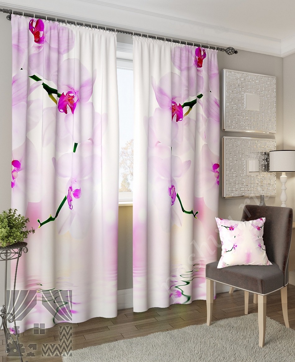 Нежный комплект готовых фото штор с изображением орхидей для спальни или гостиной
