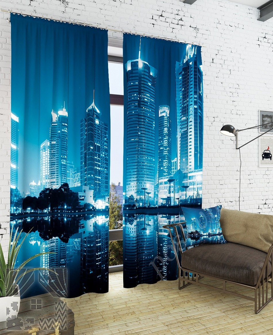 Стильный комплект готовых фото штор с изображением небоскребов для спальни или кабинета