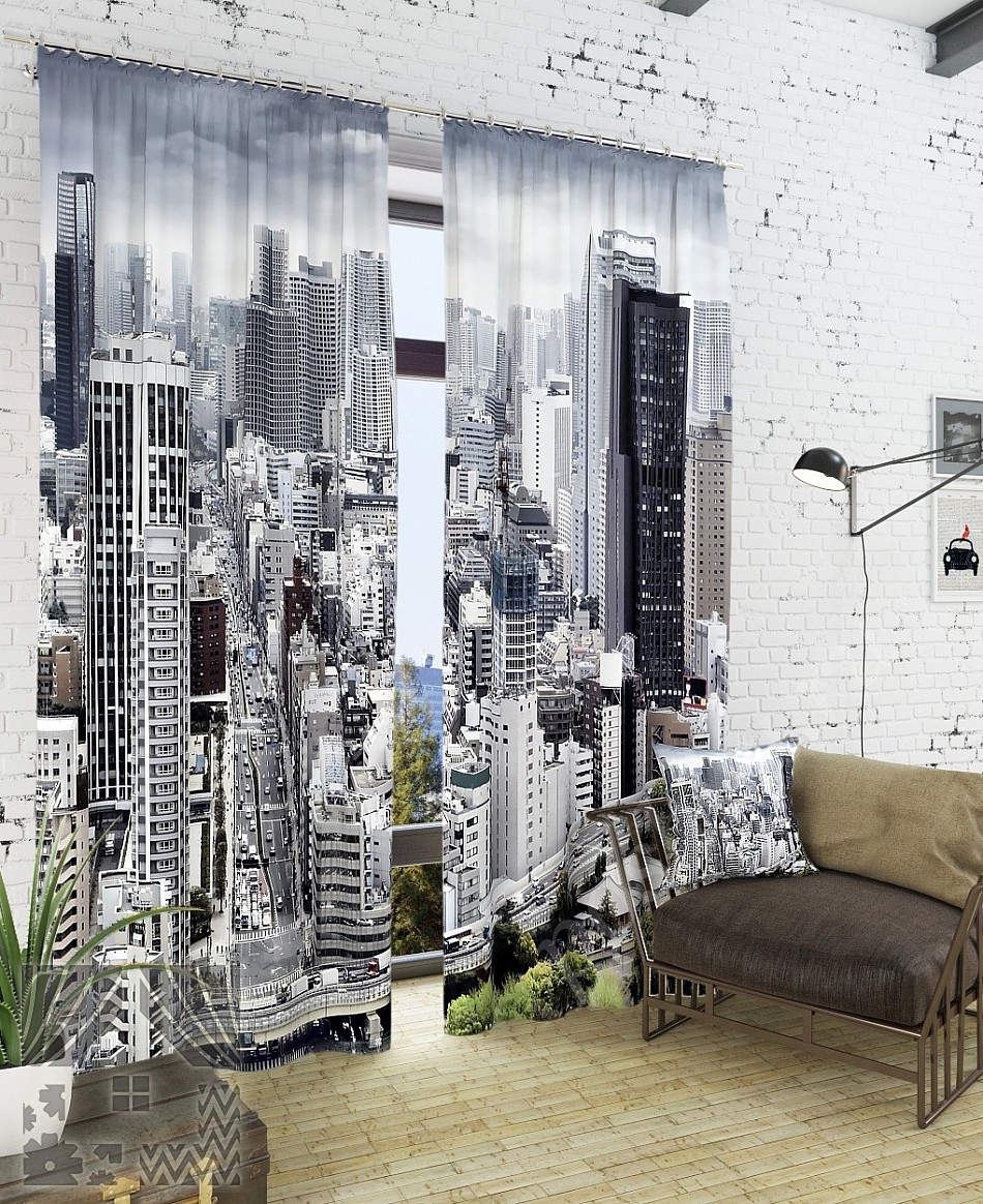 Стильный комплект готовых фото штор с изображением современного города для гостиной или офиса