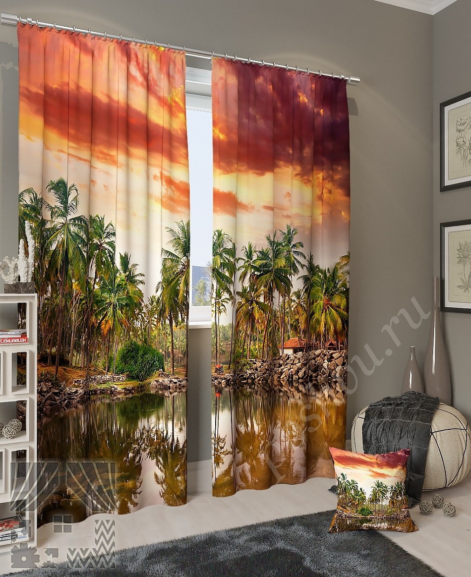 Яркий готовых комплект фото штор с изображением речки и деревни в оазисе для гостиной