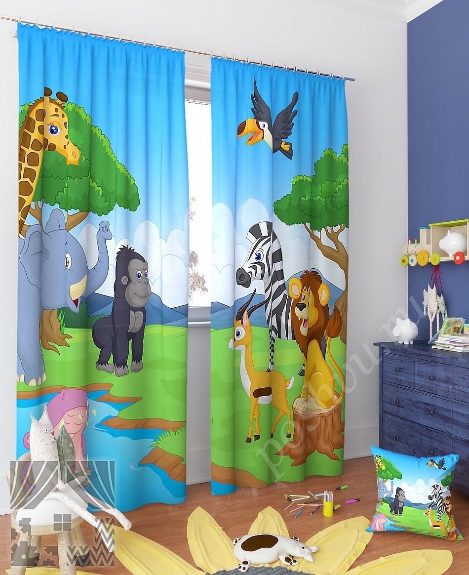 Забавный комплект готовых фото штор с изображением животных для детской