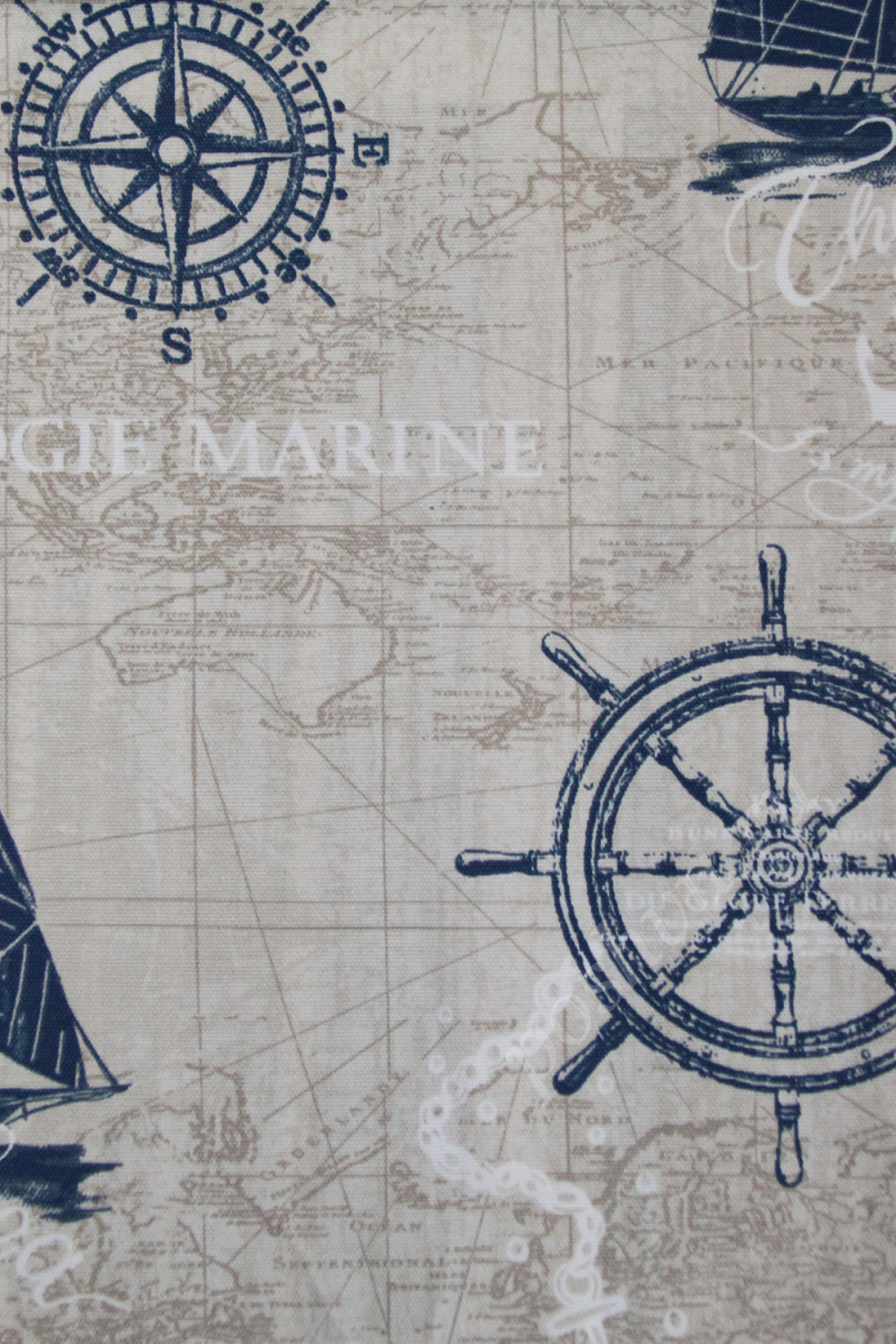 Портьерная ткань рогожка EUCOPLYMOUTH синяя морская атрибутика на сером фоне с надписями