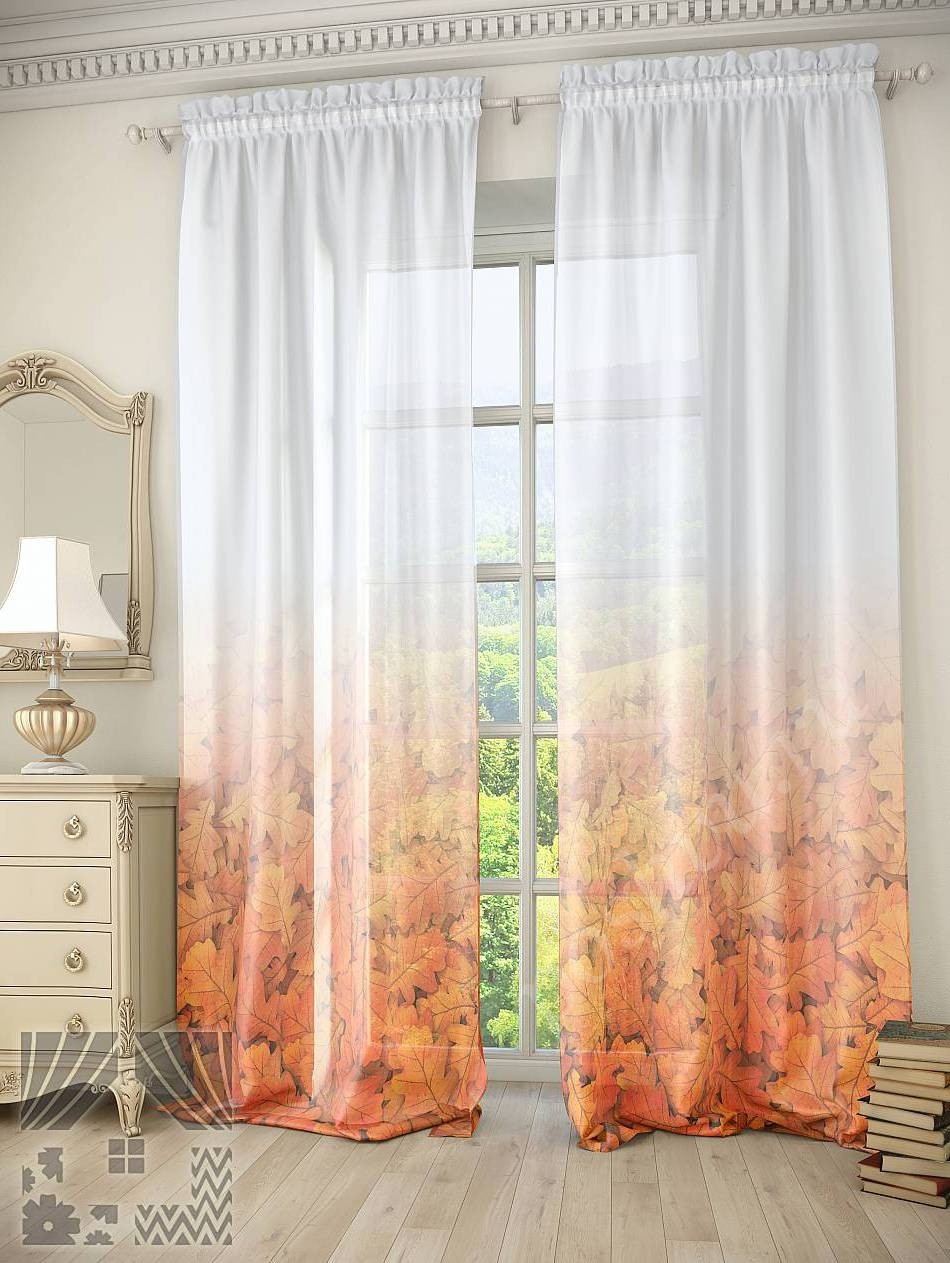 Красивый тюль с изображением желто-оранжевых дубовых листьев для гостиной или спальни