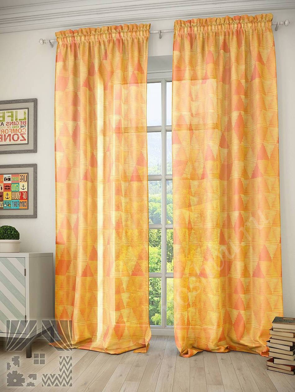 Солнечный тюль желтого цвета с оранжевым геометрическим рисунком для гостиной или спальни