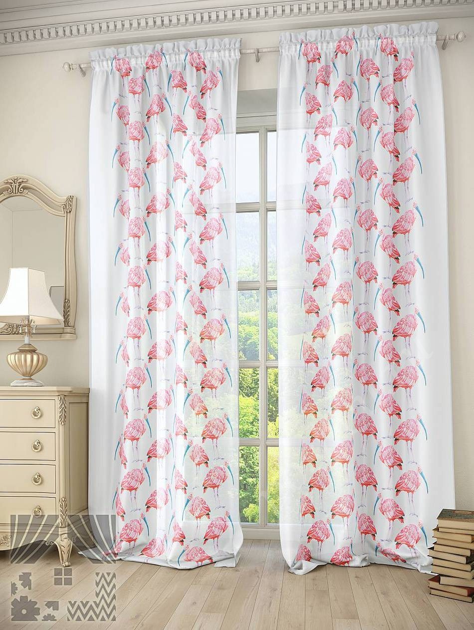Стильный легкий тюль с изображениями розовых фламинго для гостиной или спальни