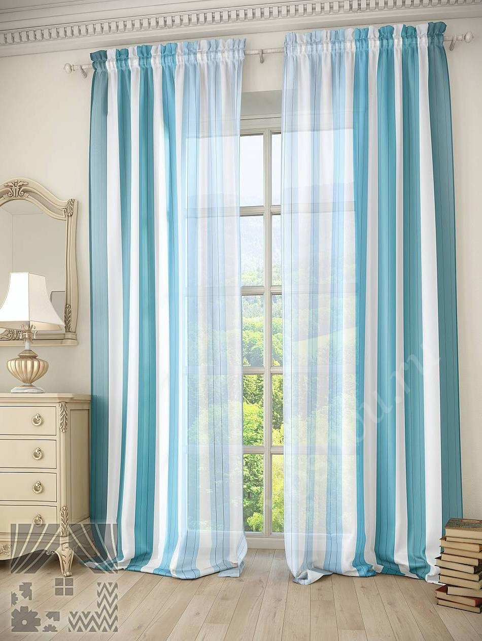 Тюль в синюю вертикальную полоску для гостиной или спальни
