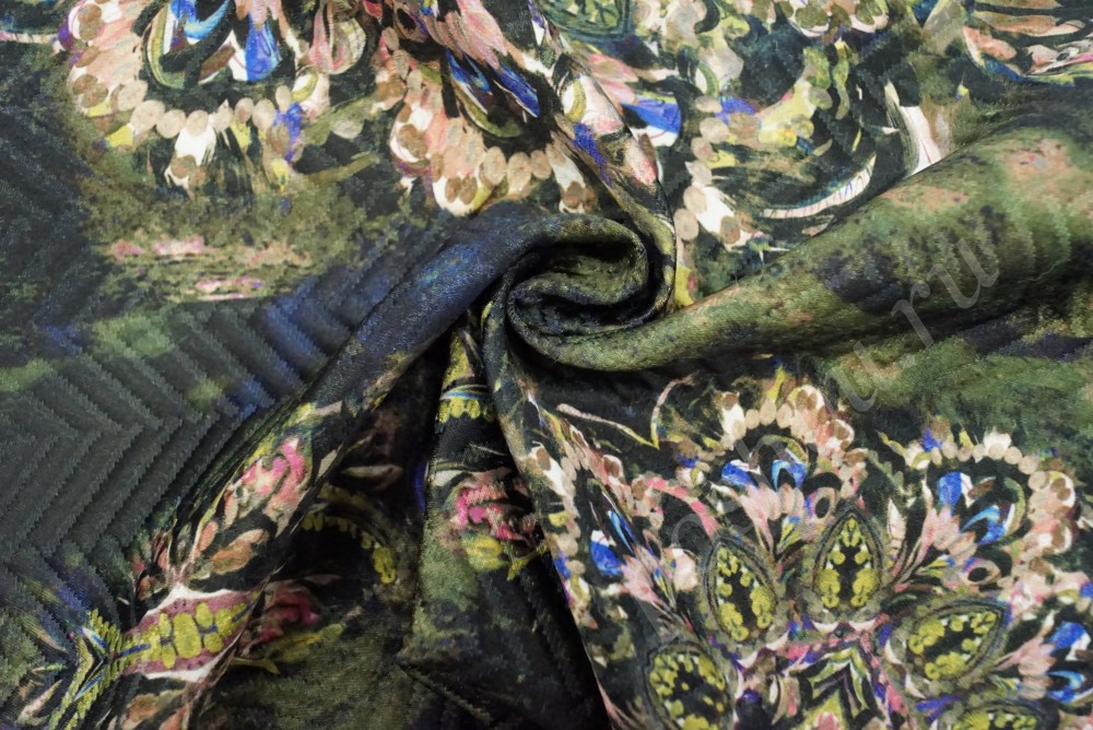 Ткань жаккард сине-зеленого оттенка с цветочным узором