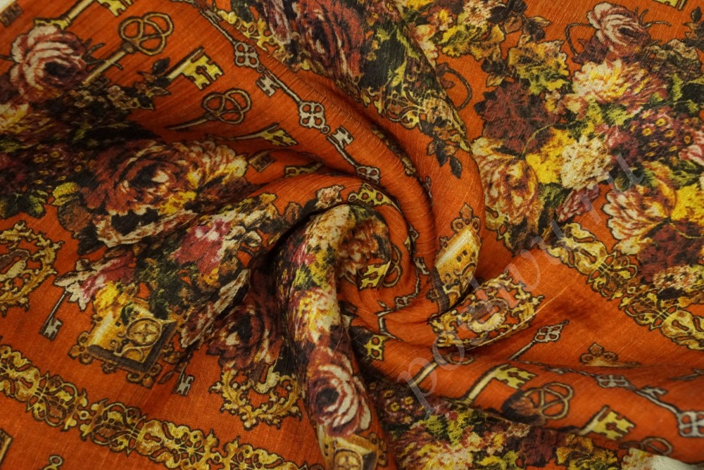 Ткань креп+крепон в оранжевом оттенке с орнаментом