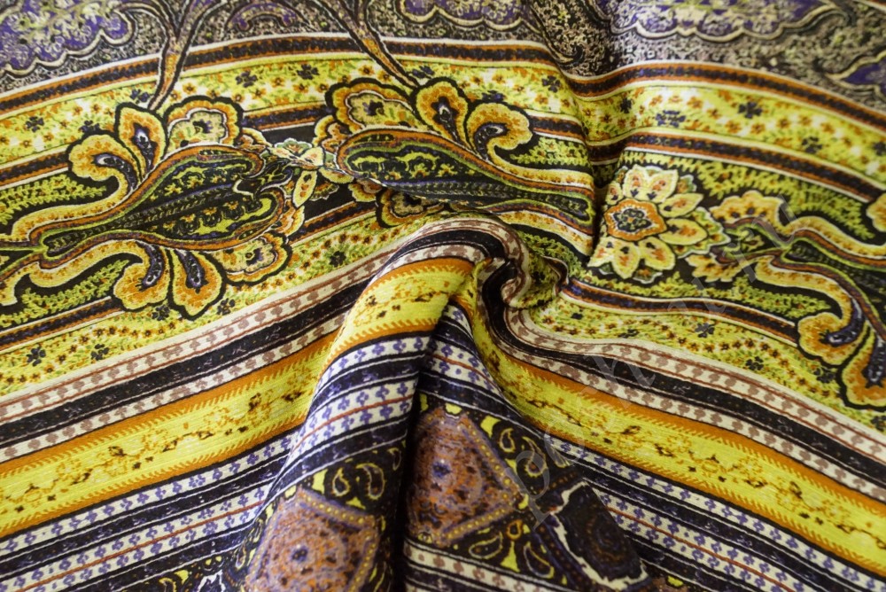 Ткань креп+крепон в желто-коричневом оттенке с орнаментом