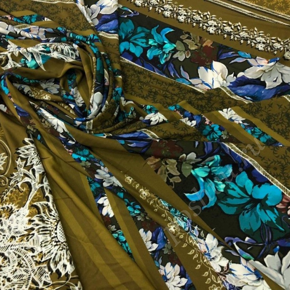 Трикотаж вискозный цвета хаки с бело-бирюзовыми цветами