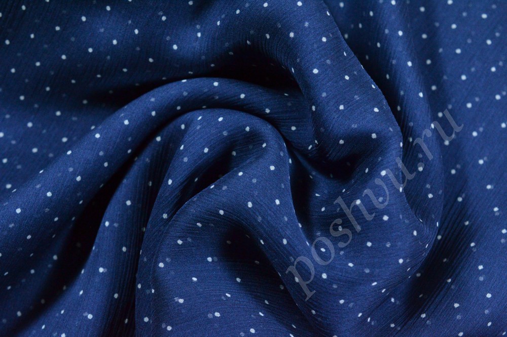 Ткань шелк темно-голубого оттенка в белый горох
