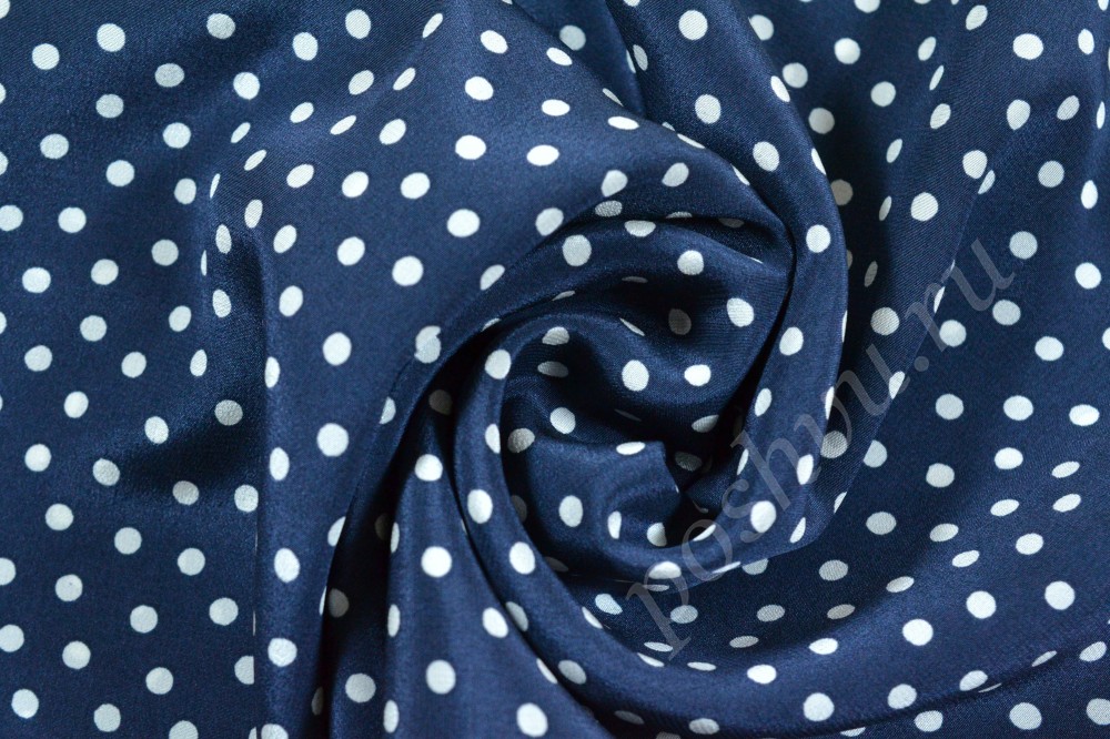 Ткань шелк темно-синего оттенка в белый горох